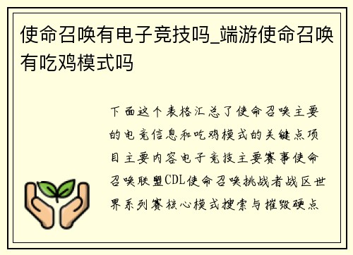使命召唤有电子竞技吗_端游使命召唤有吃鸡模式吗